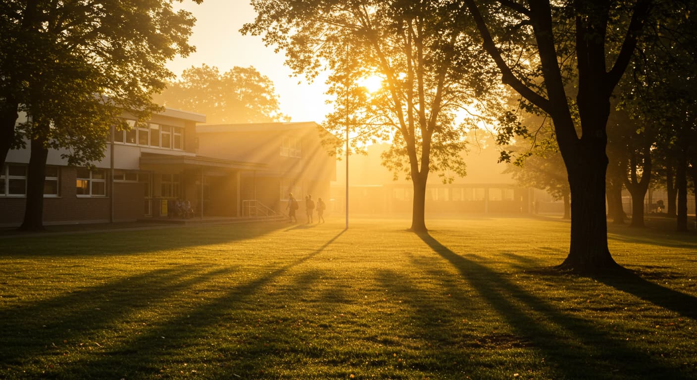 Sunlit school campus with trees and golden morning light